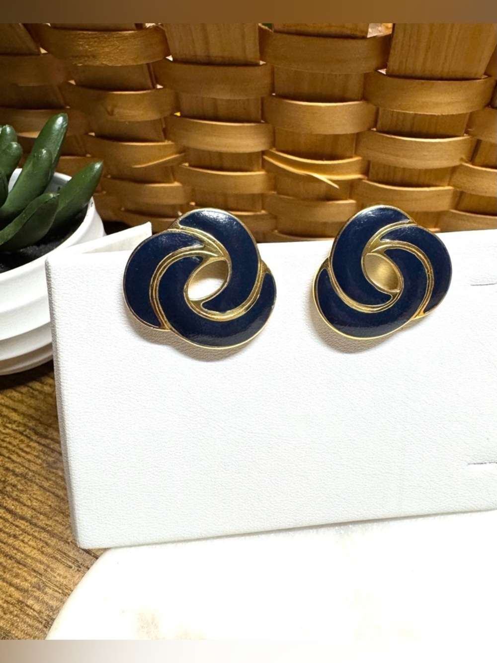 Monet Navy Blue Enamel Swirl Clip-On Earrings Gold Tone Vintage